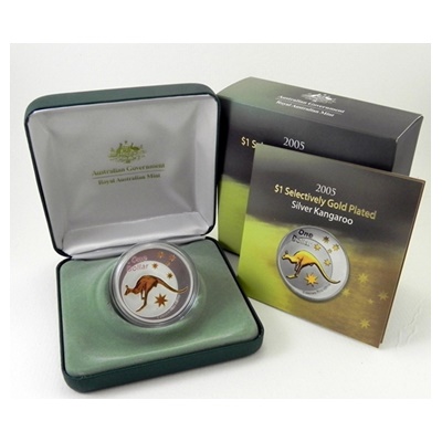 2005 $1 Selectively Gold Plated Silver Kangaroo - Click Image to Close
